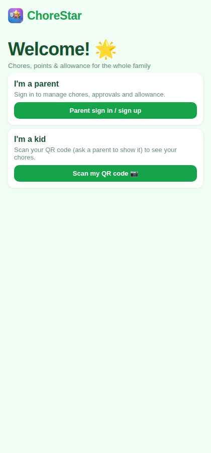 ChoreStar welcome screen with parent and kid options