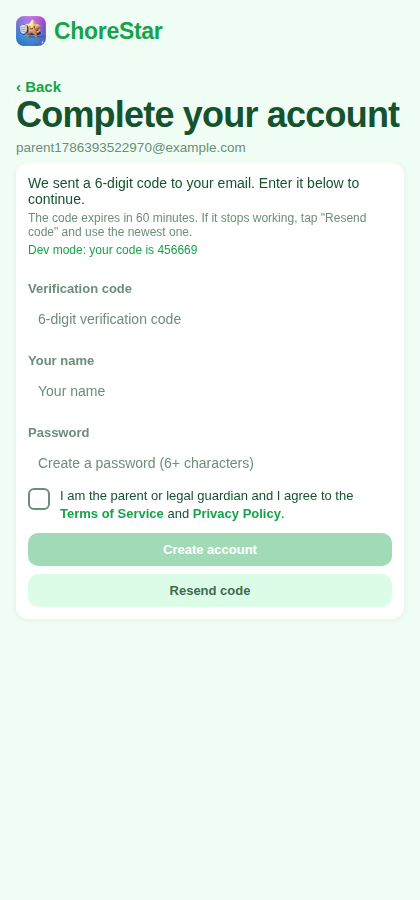 Verification code, name, and password fields