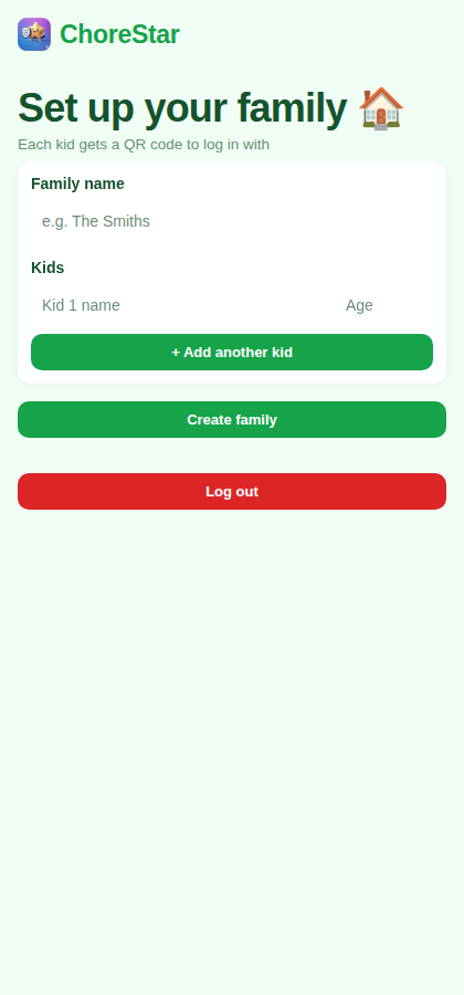 Family setup form with family name and kid name