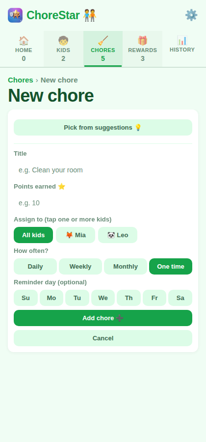 Add chore form with title, points, and frequency