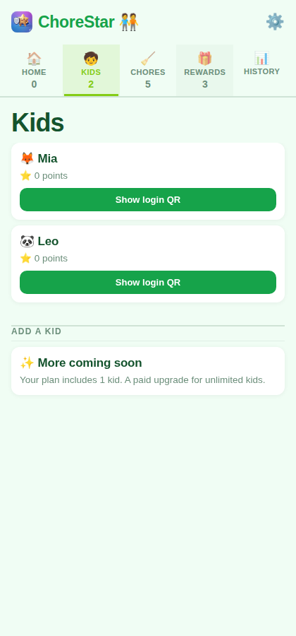 Kids tab showing a kid and point balance