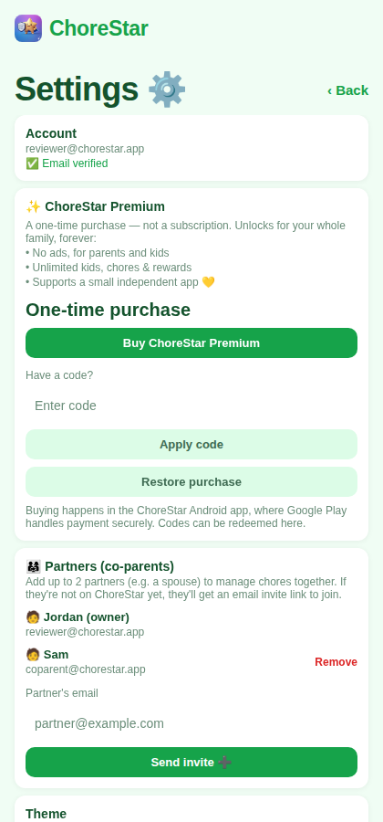 Settings screen with theme and points options