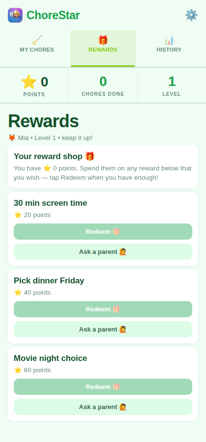Kid rewards redemption view