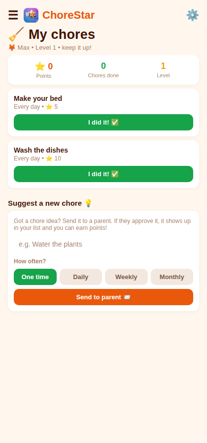ChoreStar kid dashboard showing chores